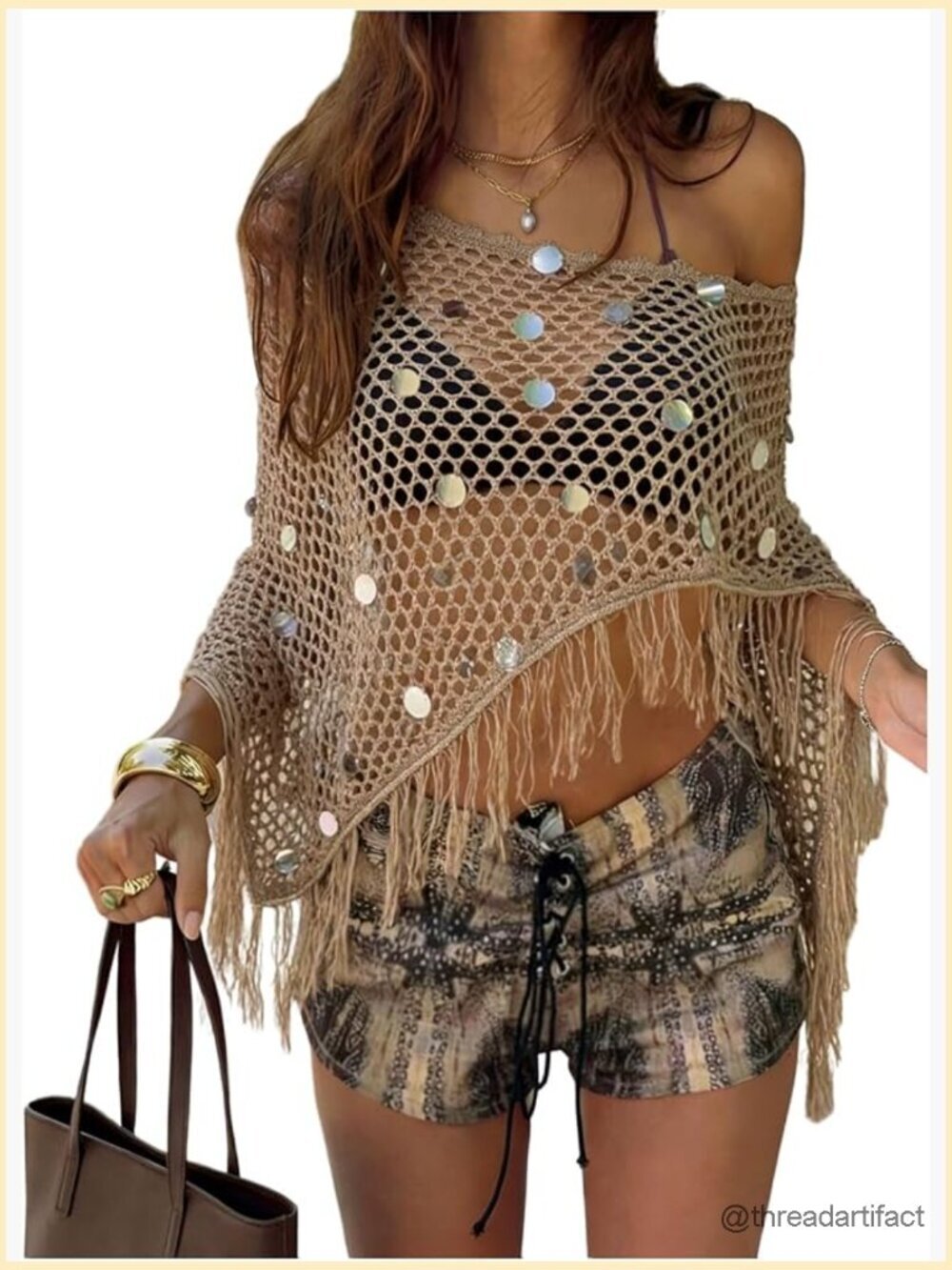 Sequin Fringe Off Shoulder Crop Top Hollow Out Coverup